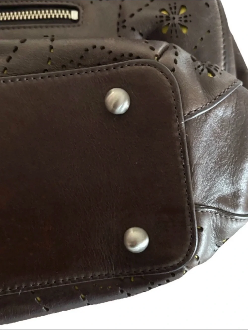 Petunia Pickle Bottom Brown Pierced Leather Floral Lime Lining Diaper Bag Tote